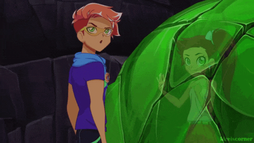 a cartoon of a boy standing next to a green leaf with the words alexiscorner on the bottom right