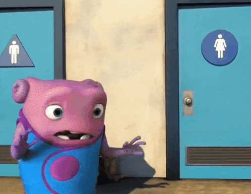 a cartoon character standing in front of a blue door with a man and a woman sign on it