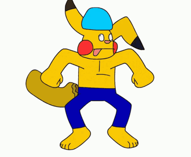 a cartoon drawing of a pikachu wearing a blue hat and blue pants
