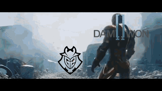 a man in an iron man suit is standing in a destroyed city with the word dam on the bottom right
