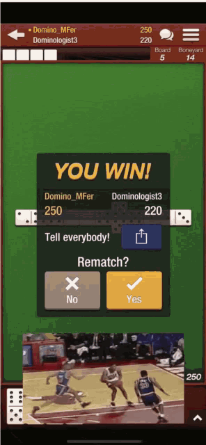 a screenshot of a domino game that says you win on it