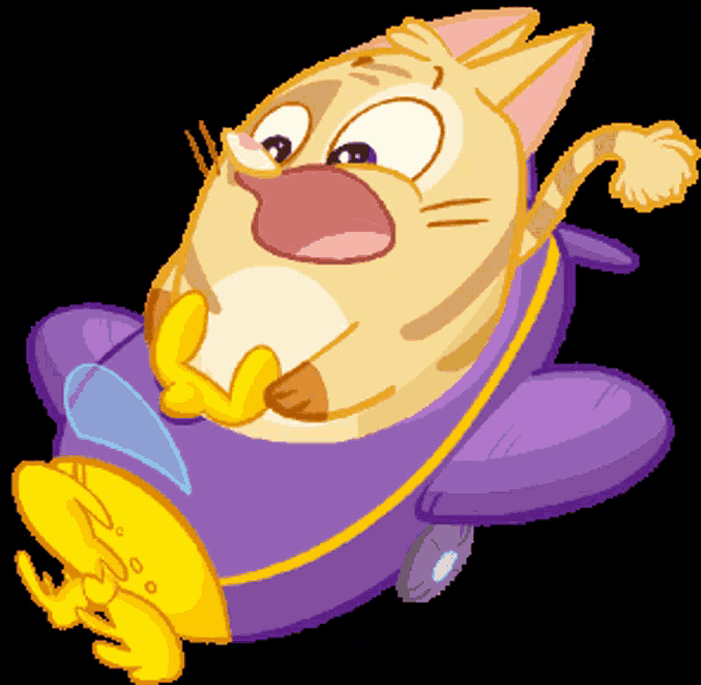 a cartoon cat is wearing a purple outfit with a yellow bow tie
