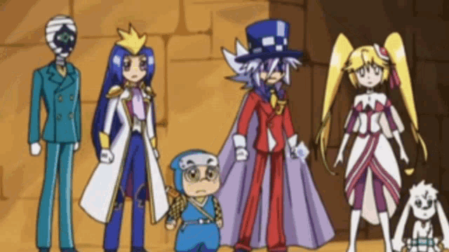 a group of cartoon characters are standing next to each other in a room
