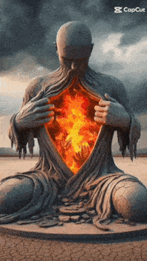 a statue of a man with a fire coming out of his chest and the words capcut on the bottom