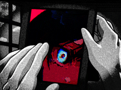 a black and white drawing of a person holding a tablet with a red eye