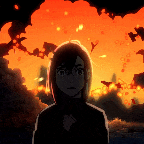 a cartoon girl stands in front of a large fire