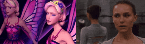 a barbie doll with a butterfly wing next to a ballerina