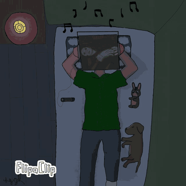 a cartoon of a man laying on a bed listening to a cd with flipa clip in the corner
