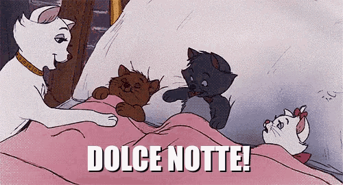 a group of cats are laying on a bed with the words " dolce notte " written below them