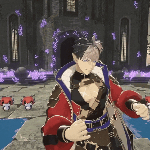 a man in a red coat with a blue star on the collar stands in front of a building