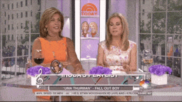 two women are sitting at a table on a today show talking about fall out boy