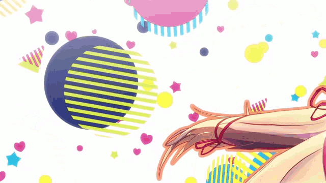 a girl with long blonde hair is surrounded by colorful circles and stars