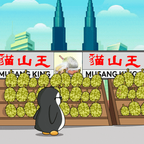 a cartoon of a penguin standing in front of a display of durian fruit