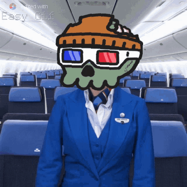 a cartoon of a stewardess wearing 3d glasses and a beanie