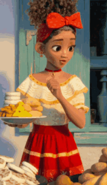a girl in a red skirt is holding a plate of food in her hand