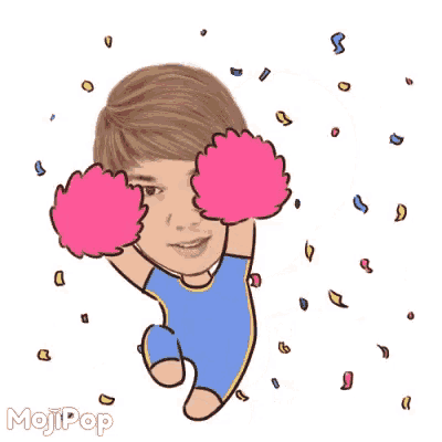 a man in a blue shirt is holding pink pom poms in his hands .