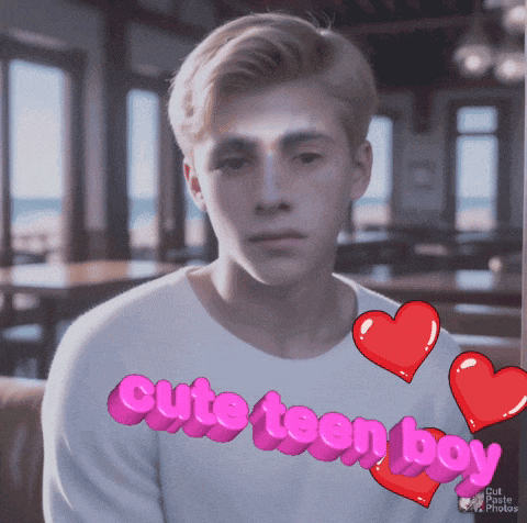a picture of a boy with the words cute teen boy surrounded by red hearts