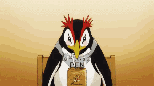 a penguin is sitting in a chair with a can of beer in its beak .