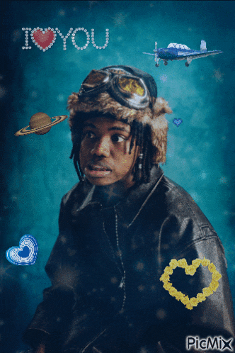 a picture of a man wearing a fur hat and goggles with the words i love you above him