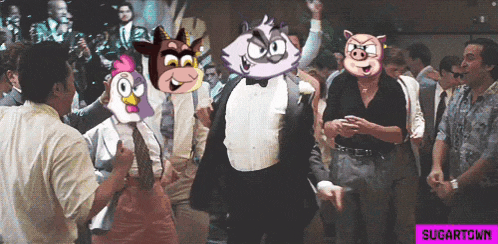a group of people dancing with cartoon characters on their faces and the words sugartown on the bottom right