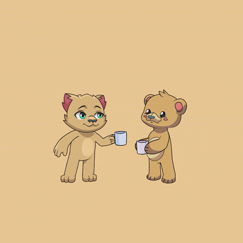 a cartoon drawing of two teddy bears holding cups