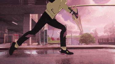 a cartoon character is running down a street with a sword