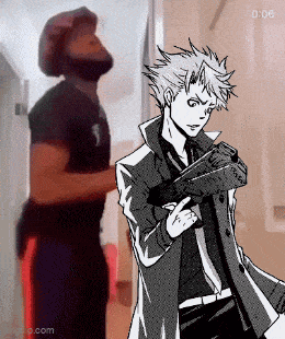 a black and white drawing of a man holding a gun with the time 0:06