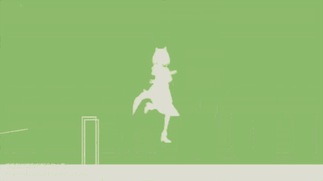 a girl with green hair and a cat ear is standing in front of a green background that says feel ou