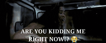 a woman in a car with the words " are you kidding me right now " below her