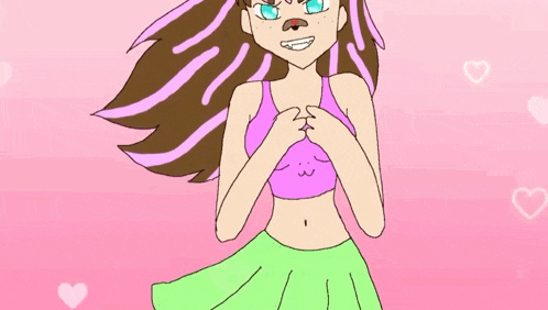 a cartoon girl with brown hair and pink stripes is wearing a pink top and green skirt .