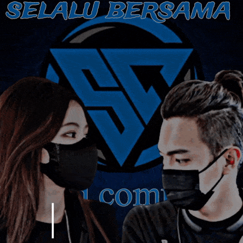 a man and a woman wearing face masks in front of a blue triangle that says selalu bersama
