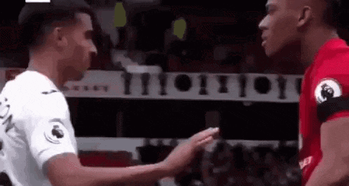 two soccer players are shaking hands on the field during a match .