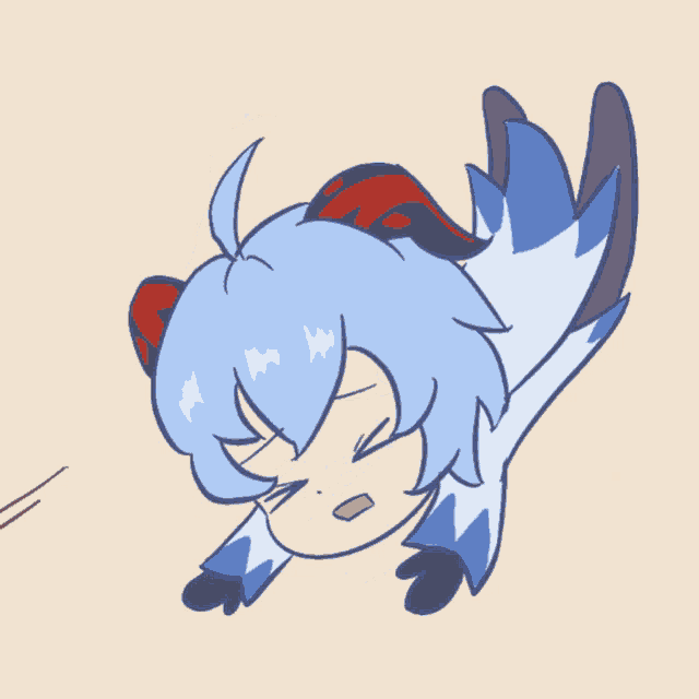 a cartoon character with blue hair and red horns