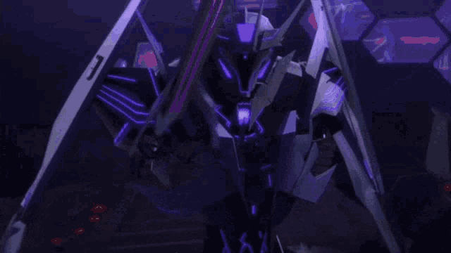 a robot with purple and white wings is flying in the dark