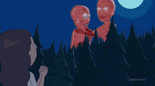 a cartoon of a woman looking at a giant monster with the words [ adult swim ] below it