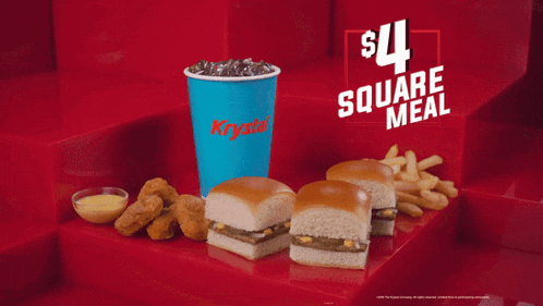 an advertisement for a $ 4 square meal with sandwiches and french fries