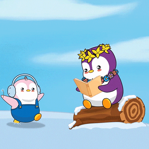 a cartoon of two penguins one wearing ear muffs and the other reading a book