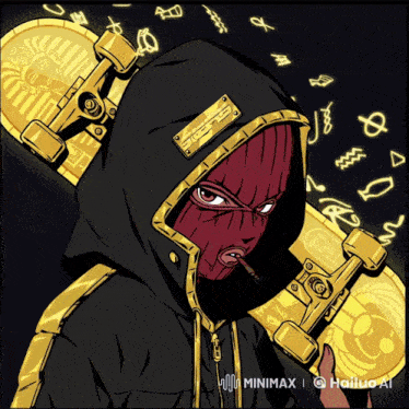 a cartoon drawing of a person holding a skateboard and wearing a black and gold hoodie with the letters minimx on it