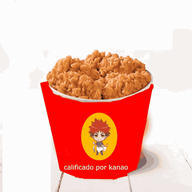 a bucket of fried chicken has a picture of a boy and the words calificado por kanao on it