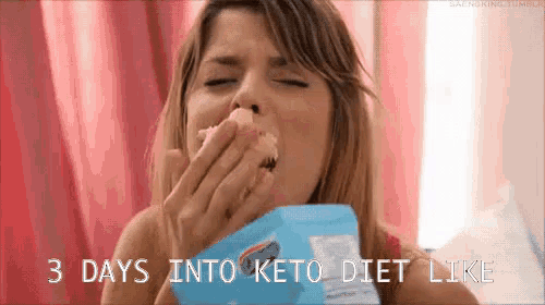 a woman is eating a piece of cake with the words " 3 days into keto diet like " above her