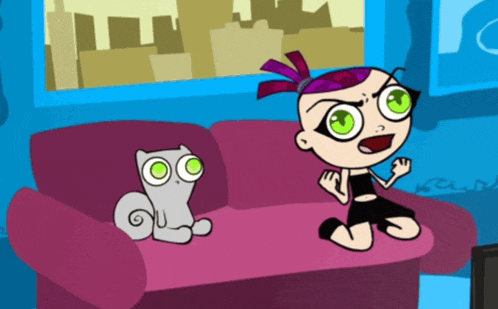 a cartoon of a girl sitting on a couch next to a cat with green eyes