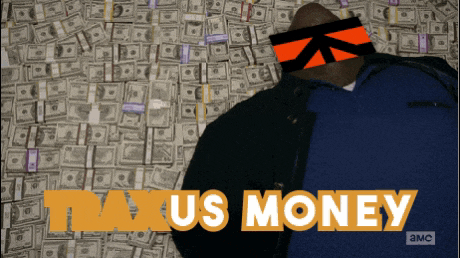 a man in a blue jacket is standing in front of a wall of money with the words tax us money above him