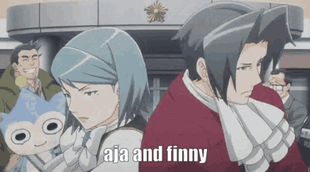a couple of anime characters standing next to each other with aja and finny written in the corner