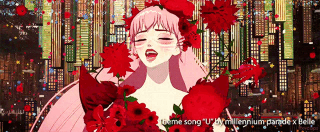 a girl with red flowers in her hair is singing a theme song