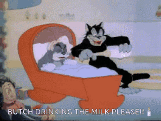 a cartoon of a cat drinking milk from a baby