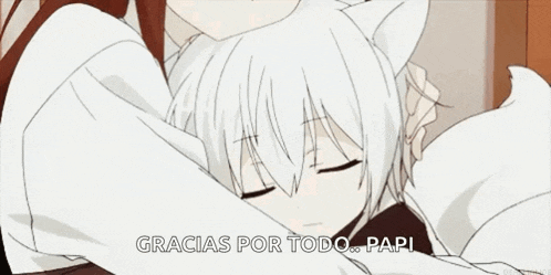 a girl with cat ears is hugging a man with the words gracias por todo papi written on the bottom .