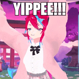 a girl with red hair and blue eyes is holding up her arms and says yippee !!!