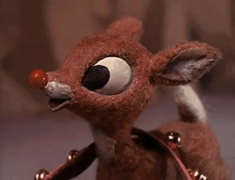 a stuffed reindeer with a red nose and bells around its neck is sitting on a table .