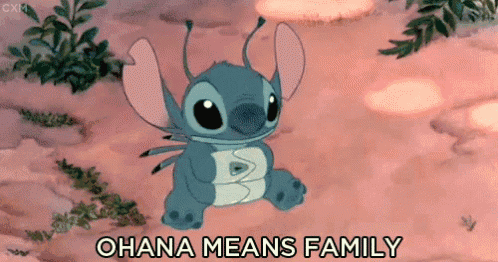 a cartoon of stitch with the words ohana means family above him