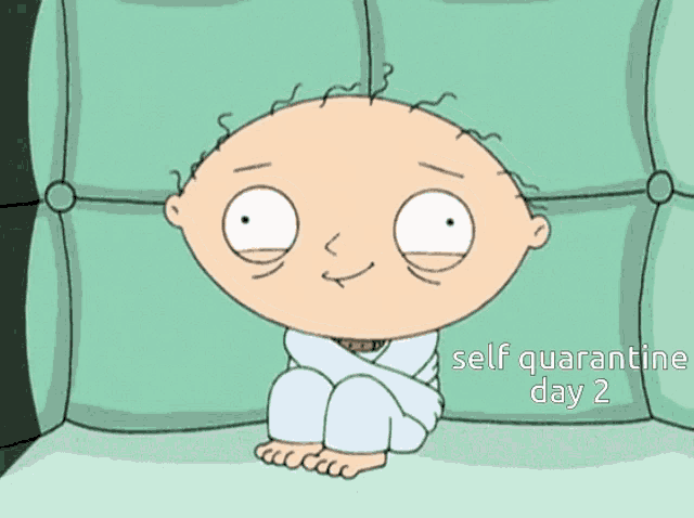 a cartoon character sitting on a couch with the words self quarantine day 2 written below him